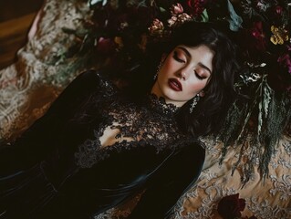 Whimsigothic fashion shoot with layered velvet lace dark florals and antique jewelry accessories