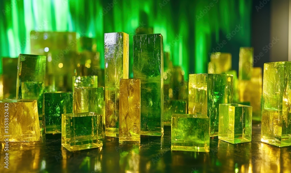 Poster abstract green and yellow cuboids arrayed reflecting light in geometric design