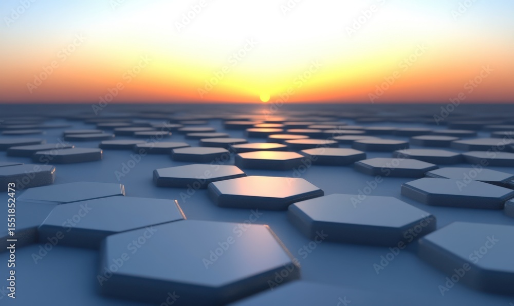 Poster abstract hexagon pattern field with warm sunset background render