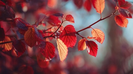 Crimson Amber Autumn Leaves Nature Reserve Closeup Soft Bokeh Sunlight
