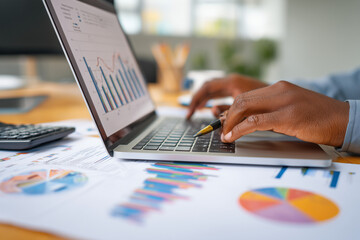 Young adult calculating monthly savings on a laptop with charts and financial statements in view, copy space for finance or economy-themed content.