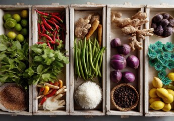 Fresh Organic Vegetables and Herbs Displayed in Rustic Wooden Boxes with Chilies, Ginger, Garlic, Greens, and Colorful Spices for Culinary Inspiration