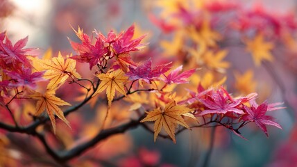 Suburban Park Autumn Tree Closeup Vibrant Yellow Red Leaves Cream Blur
