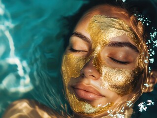 Woman wearing gold facial mask in serene setting expressing inner strength and divine beauty