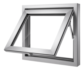 Aluminum awning window with top-hinged design, ideal for a utility room.