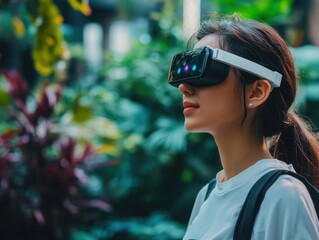 Young person interacting with wearable AI device suggesting future communication and companionship