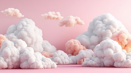 Dreamy Pastel Cloudscape Fluffy White and Peach Clouds on Soft Pink Background