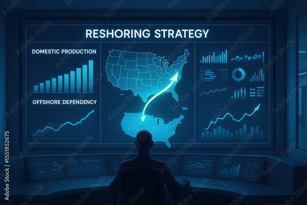 Poster reshoring strategy concept with person analyzing data charts and maps showing domestic production in