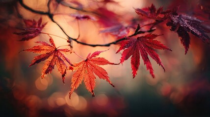 Cherry Red Amber Autumn Leaves Park Tree Macro Cream Bokeh
