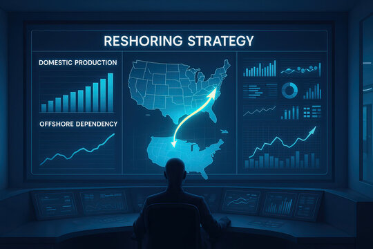 Reshoring strategy concept with person analyzing data charts and maps showing domestic production increase and offshore dependency decrease in futuristic control room