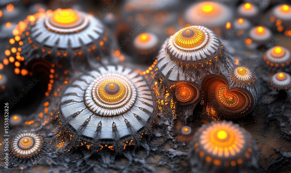 Poster abstract landscape of textured structures with intricate patterns and warm light