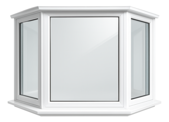 Large bay-style plastic window providing panoramic views in a suburban living room.