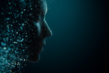Side-view human silhouette dissolving into glowing data points in digital space