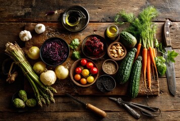 Fresh Organic Vegetables and Ingredients Displayed on Rustic Wooden Table with Olive Oil and Kitchen Tools for Culinary Inspiration and Healthy Cooking