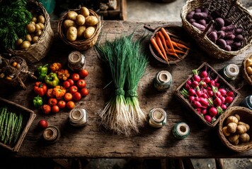 Fresh Organic Vegetables and Jars of Preserves Arranged Elegantly on a Rustic Wooden Table in a Warm, Natural Setting