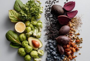 Fresh Organic Vegetables and Nuts Arrangement on Gray Background for Healthy Eating, Nutritional Value, Vegan Lifestyle, Diet Choices and Culinary Arts