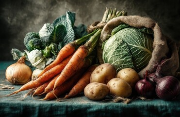Fresh Organic Vegetables Arranged on a Rustic Table with Carrots, Potatoes, Cabbage, Broccoli, and Onions in Soft Natural Lighting