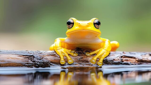 Yellow frog amphibian animal nature water branch closeup macro tropical vibrant wet reflection wildlife rainforest green background exotic wild eyes cute detailed natural habitat sitting wet branch