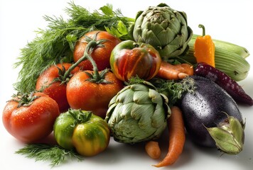 Fresh Organic Vegetables Display with Vibrant Colors Including Artichokes, Tomatoes, Carrots, Eggplant, and Fresh Herbs for Healthy Cooking and Eating