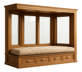 Large wooden bay windows with a built-in seating area, ideal for enjoying a cup of tea while looking out at the garden in a country cottage.