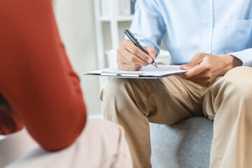 mental health care therapy concept, psychologist counseling to anxiety patient and giving guidance...