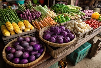 Fresh Organic Vegetables Displayed in a Rustic Market Setting Amidst Vibrant Colors and Textures for Culinary Inspiration and Healthy Eating
