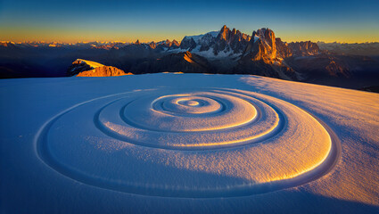 Fototapeta premium Snow Art Circular Patterns on Mountain Top A Stunning Landscape Photograph of Circular Snow Patterns on a Mountain Peak at Sunrise with Golden Light