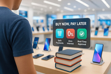 Buy now pay later concept with split payments zero interest and real time approval displayed on digital screen in modern electronics store with smartphones and books on table