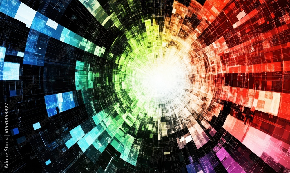 Poster abstract multicolored radial background with tunnel effect and light burst