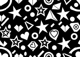 Obraz premium Modern seamless Memphis pattern with black and white geometric shapes like spirals, stars, and hearts. Perfect for retro fashion and abstract surface design.