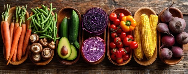 Fresh Organic Vegetables Displayed in Wooden Bowls on Rustic Wooden Table, Perfect for Healthy Cooking, Nutrition, and Vegan Lifestyle Inspirations