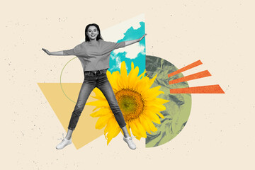 Banner creative collage of people voluntary activism with yellow sunflowers sky on pastel color background