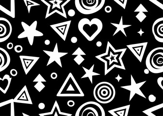 Obraz premium Playful and modern seamless Memphis pattern in black and white. Features hand-drawn stars, hearts, spirals, and zigzag lines for cool creative design projects.