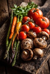Fresh Organic Vegetables Displayed on Rustic Wooden Surface, Including Tomatoes, Carrots, Mushrooms, and Asparagus Bunched Together in Natural Light