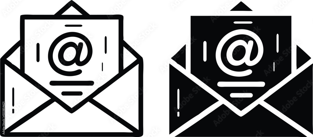 Aufkleber stylized flat email icon with black envelope and paper featuring @ symbol – minimal vector pixel art