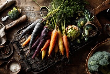 Fresh Organic Vegetables Displayed on Rustic Wooden Table with Bright Colors and Natural Light for Healthy Eating and Culinary Inspiration