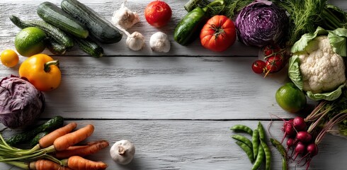 Fresh Organic Vegetables Displayed on Wooden Surface for Healthy Cooking Inspirations and Culinary Creativity with Colorful Produce Arrangement