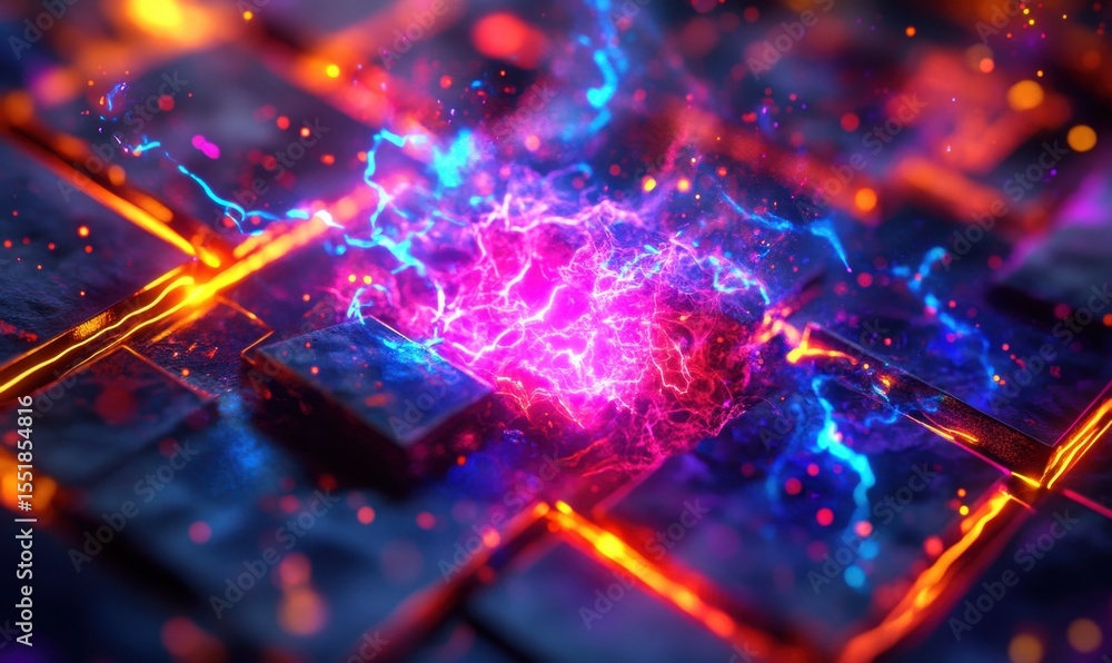 Poster abstract technology background with glowing electrical discharge and grid patterns