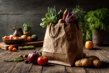 Fresh Organic Vegetables in a Craft Paper Bag Surrounded by Colorful Produce on a Rustic Wooden Kitchen Table