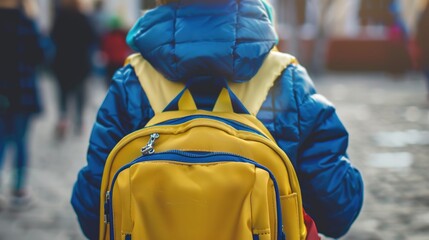 Obraz premium Close-Up of Colorful Elementary Student Backpack with School Supplies, Zipper Details and Texture for Back to School Concept, Brand Placement Space, Childhood Education Accessory