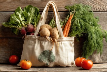 Fresh organic vegetables in a reusable tote bag on a rustic wooden background, showcasing healthy eating and sustainable living practices for your projects