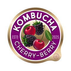Kombucha label. Berry mix flavor. Circle label for refresh drink with letters and berries inside.