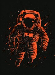An astronaut clad in an orange suit is suspended in space amidst a backdrop of planets and stars