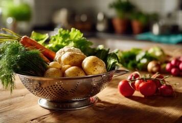 Fresh Organic Vegetables in a Silver Colander with Wooden Background for Healthy Cooking and Nutrition Concept in Modern Kitchen Setting