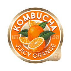 Kombucha label. Orange flavor. Circle label for refresh drink with letters and orange fruits inside.