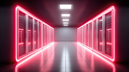 High security server room with glowing red neon lights on server racks, modern data center interior with reflective floor and ceiling lights, futuristic technology environment