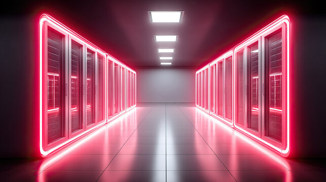 High security server room with glowing red neon lights on server racks, modern data center interior with reflective floor and ceiling lights, futuristic technology environment
