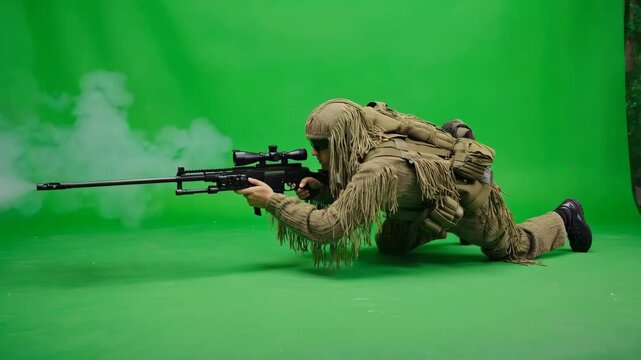 Soldier in camouflage practices sniping on green background in controlled environment