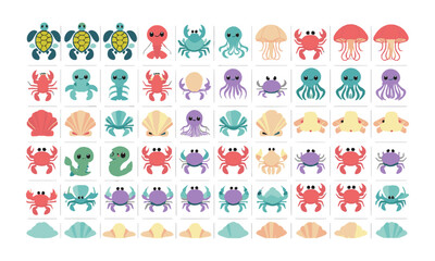 Design a clean and playful vector icon set featuring a variety of ocean-themed creatures, and elements, including sea turtles, jellyfish, lobsters, seashells, crabs, seahorses, easily editable.