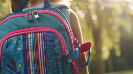 Close-Up of Colorful Elementary Student Backpack with School Supplies, Zipper Details and Texture for Back to School Concept, Brand Placement Space, Childhood Education Accessory